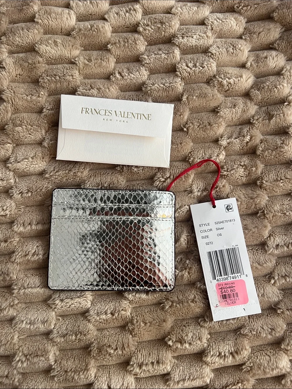 Frances Valentine Metallic Silver Snake-Embossed Card Holder